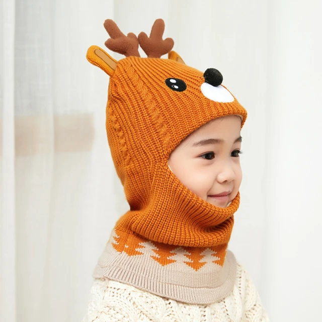 2 à 6 ans - cerf marine - bonnet de protection du cou pour garçon et fille  de 2 à 6 ans, bonnet en tricot avec des animaux de dessin animé,  coupe-vent, hiver, pour enfants