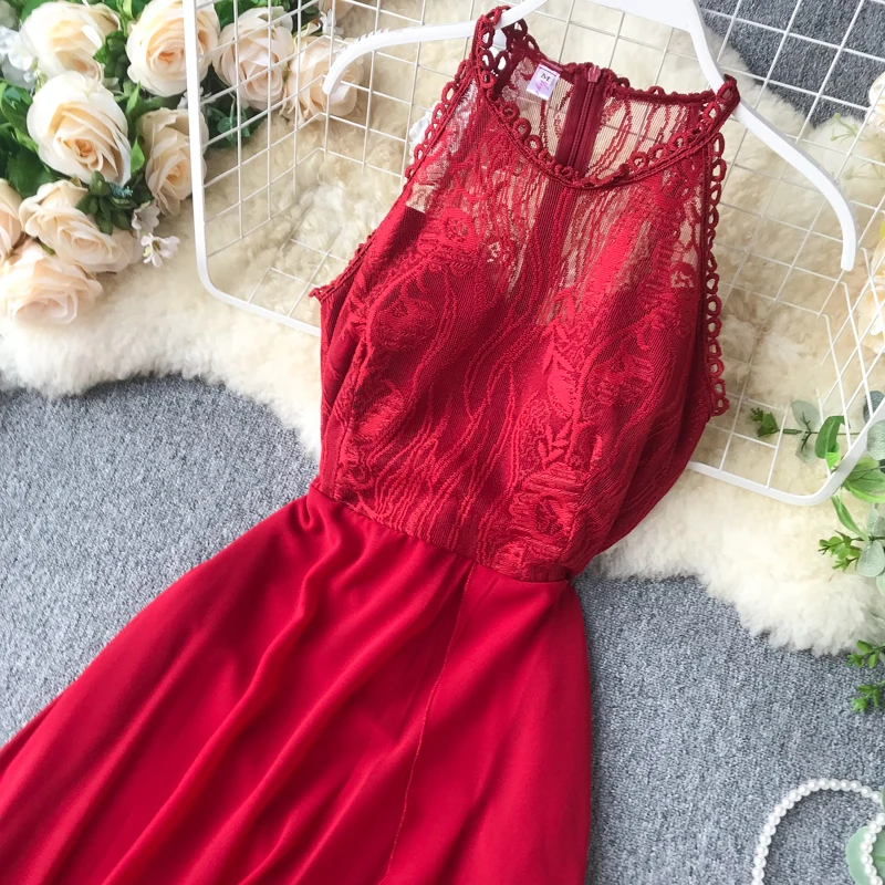 2020 Sexy Halter Neck Lace Patchwork Maxi Long Dress Elegant Summer Party Women Tank Sundress Sexy Split Casual Evening Vestidos