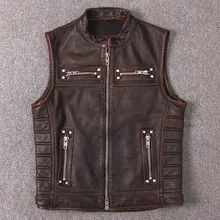Натуральная коровья кожа жилет мужской из натуральной кожи Мотоцикл Байкер жилет высокого качества стоячий воротник без рукавов куртки на молнии жилет