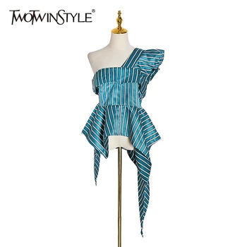 

TWOTWINSTYLE Striped Irregular Shirt Female One Shoulder Ruffles Backless Tunic High Waist Ruched Blouse Women 2020 Fashion Tide