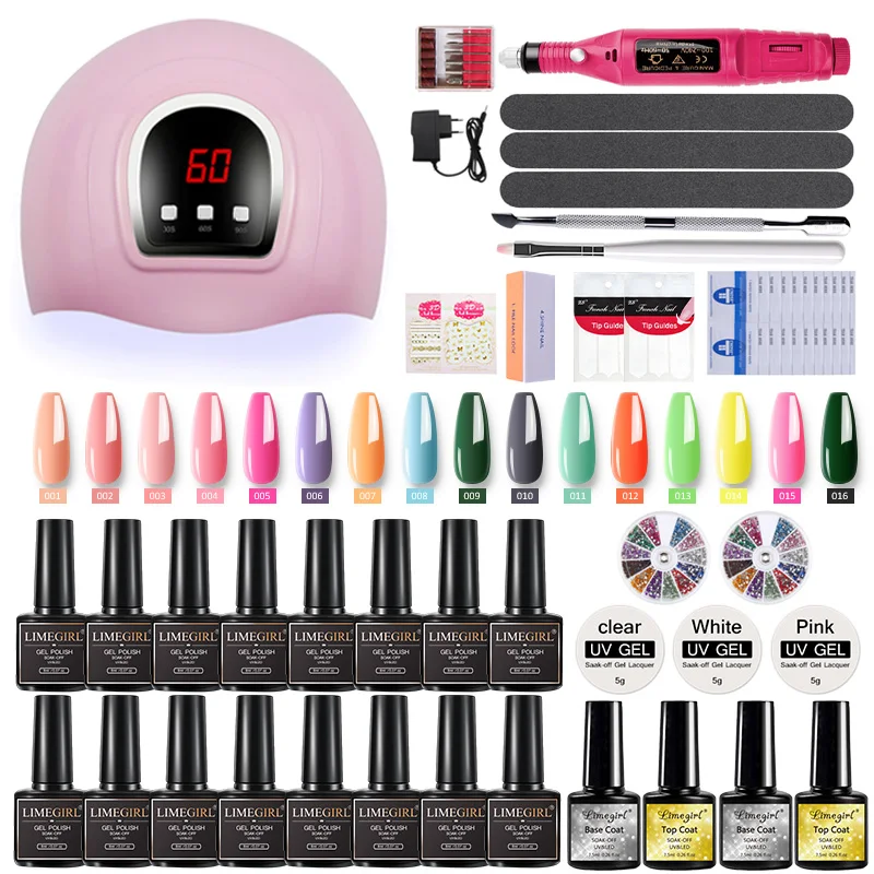 

Limegirl Nail Set Gel Nail Polish Glitter Manicure Set Base Top Kit Need UV LED lamp Semi Permanent Paint Hybrid Nails Gel Tools