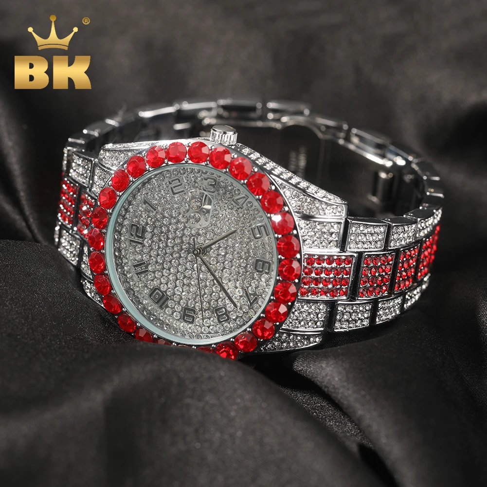 

THE BLING KING Big Dial Watch Iced Out Red White Rhinestone Top Dual Calendar Men's Quartz Clock Luxury Waterproof Wrist Watch