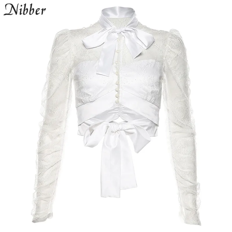Nibber/Осенняя Офисная Женская белая элегантная Кружевная футболка, женские футболки с бантом, Сексуальные клубные Топы с длинным рукавом, простые футболки mujer