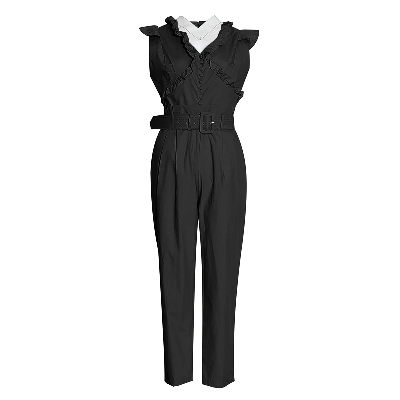 TWOTWINSTYLE Causal Patchwork Ruffles Jumpsuits For Female Lapel Collar Sleeveless High Waist With Sashes Long Jumpsuit Women TWOTWINSTYLE Causal Patchwork Ruffles Jumpsuits For Female Lapel Collar Sleeveless High Waist With Sashes Long Jumpsuit Women