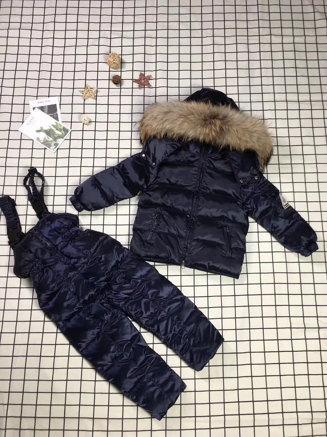 Детский зимний костюм для девочек, теплый пуховик с мехом для мальчиков, зимние спортивные комплекты одежды с натуральным мехом, ветрозащитная детская одежда - Цвет: Синий
