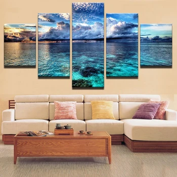 

HD Printed Painting Canvas Kids Room Decor Fram 5 Pieces Mirror Lake Blue Sky and White Clouds Seascape Poster Modular Picture