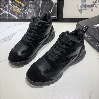 

Mhysa 2019 Winter Fashion Shoes Women Plus velvet Keep warm Lace-up Comfort Shoes Woman Vulcanized Shoes Women Sneakers L1094