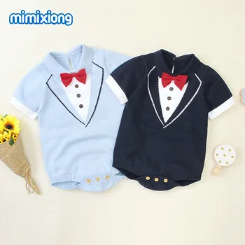 

2020 Toddler Boys Gentleman Bow Tie Summer Romper Handsome Baby Knitting Western Climb Romper Clothes Wholesale