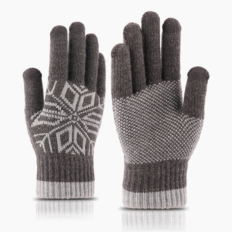 New Knitted Jacquard Touch Screen Knitted Wool Gloves Winter Men's Thicken Gloves - Цвет: Серый