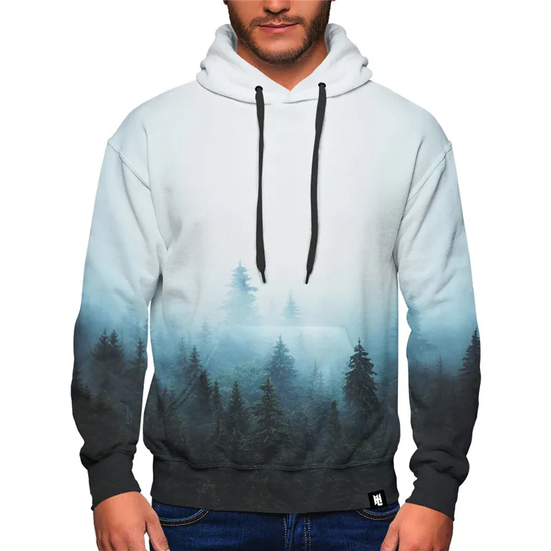 Foggy forest Print Men Hoodies Long Sleeve Pullover Casual streetwear Loose Hip Hop Sweatshirt Unisex Hooded Tops