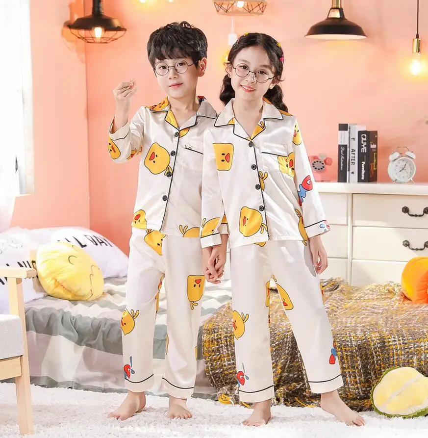 New Button-Down Spring Autumn Children Satin Pajamas Sets Kids Girls Solid Silk Long Sleeve 2 Pieces Tops+Pants Sleepwear Pyjama