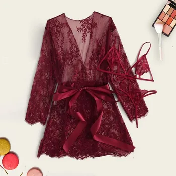 

3pc Wine Lace Robes With lingeries For Women Sexy lingerie Set Sleepwear Ladies Nightdress Bathrobe Underwear Set Intimates