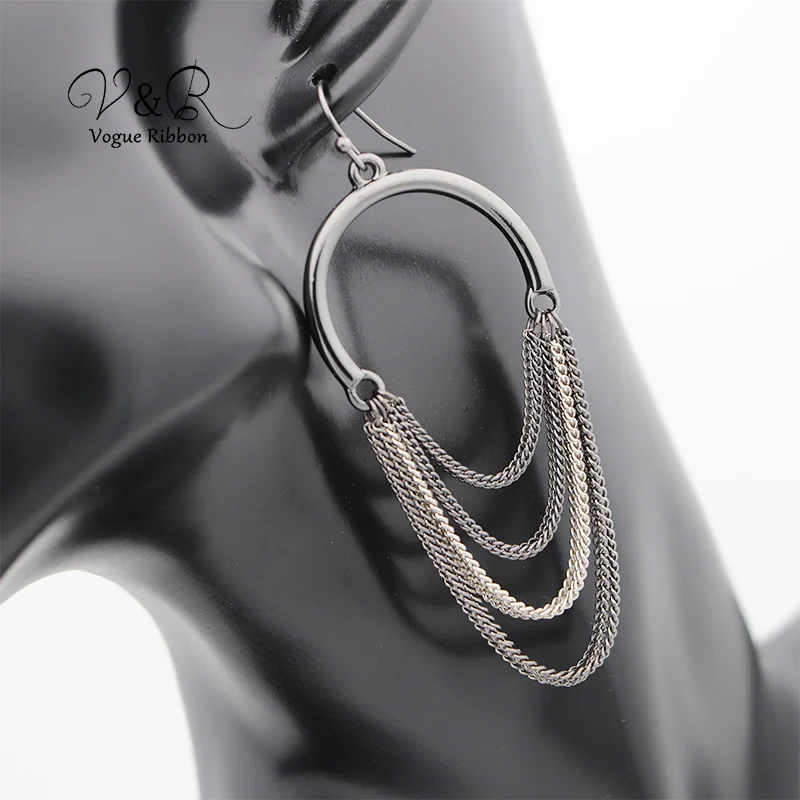 Imitation rhodium and hematite plated drop earring, with chain tassel, fashion jewelry for woman, basic metal style  (2)