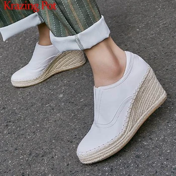 

Krazing pot new full grain leather French romance straw high heels white color wedges round toe slip on women leisure pumps L7f3