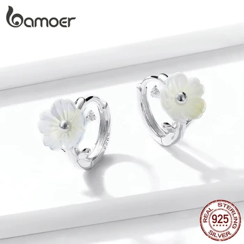 

bamoer GAE321 Hypoallergenic Exquisite Pure White Flower 925 Sterling Silver Hoop Earrings Christmas Gift Fine Jewelry Earrings