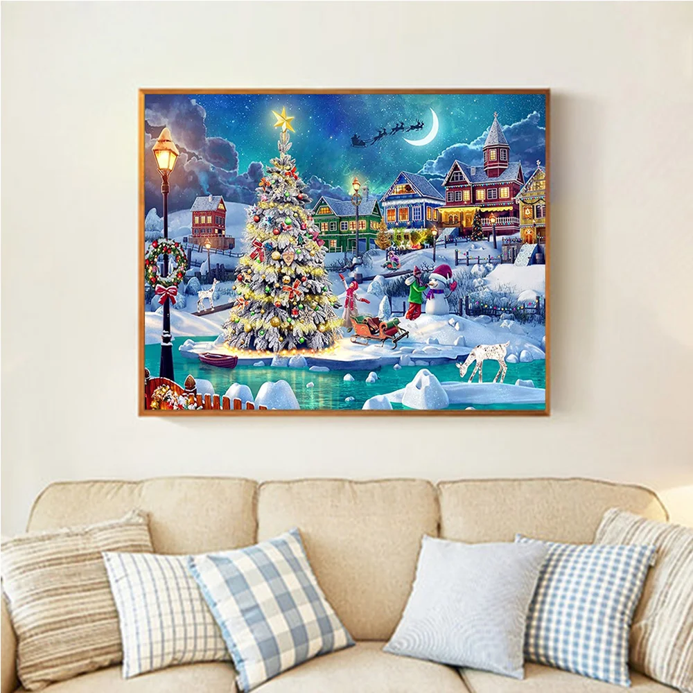Huacan Diamond Painting Christmas Tree Diamond Embroidery Mosaic Winter House Scenery Home Decor