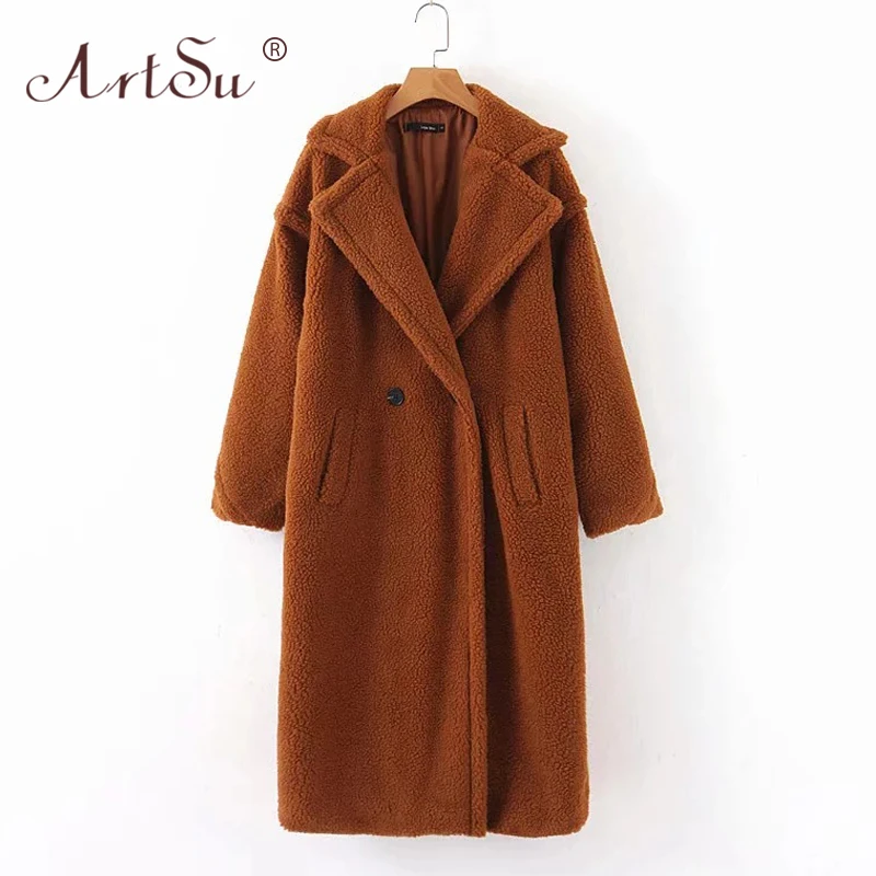 ArtSu модное розовое длинное пальто из искусственного меха с длинным рукавом, повседневное женское зимнее пальто-Тедди, красное, белое, синее, Коричневое Пальто из овечьей шерсти - Цвет: Brown