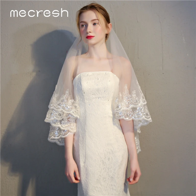 Роскошные двухслойные тюлевые Свадебные вуали Mecresh с расческой, изысканные кружевные края с блестками, Цветочная свадебная фата для женщин VTS018