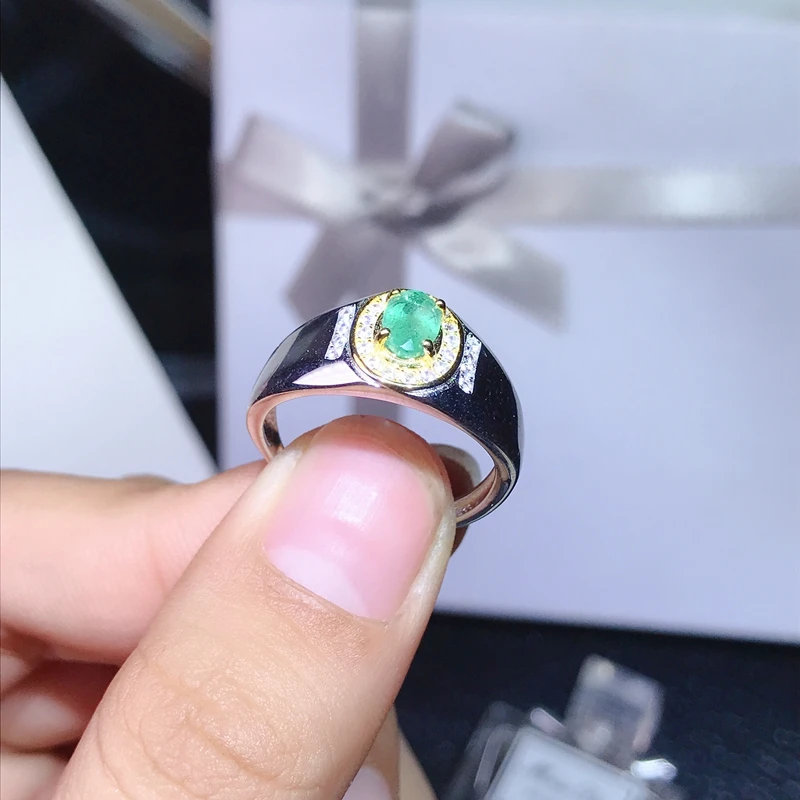 0.5 carat natural emerald men's ring adjustable size 925 sterling silver certificate package