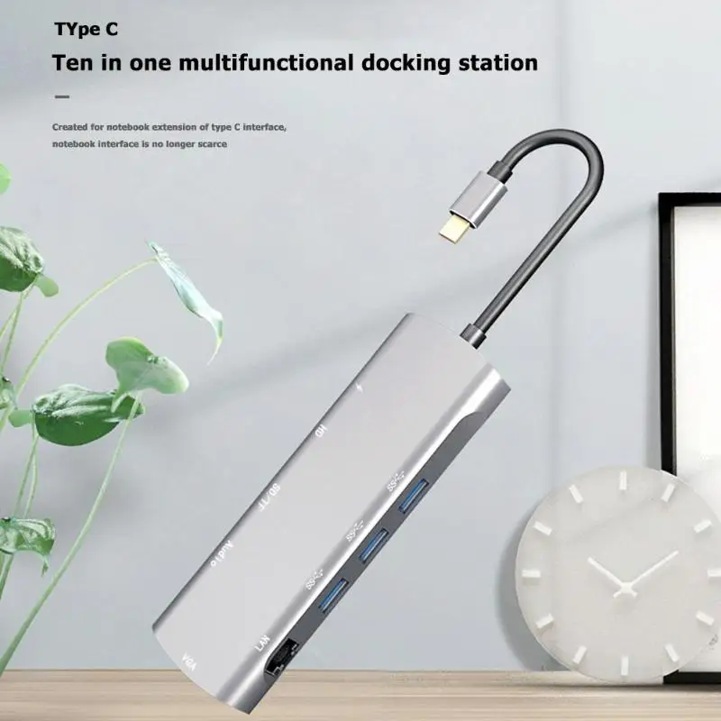 Горячая type-C концентратор Многофункциональный 10 в 1 type-C концентратор к HDMI VGA USB3.0 TF RJ45 AUX PD конвертер удлинитель адаптер