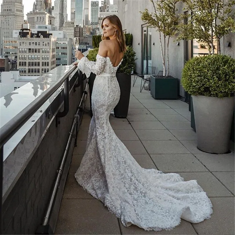 

Verngo Elegant Lace Floral Mermaid Wedding Dress Off the Shoulder Long Sleeves Low Back Sweep Train Bridal Gowns Custom made