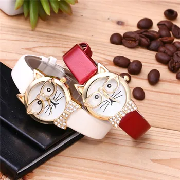 

Wholesale Cute Cat Glasses Watch Women's Leopard Leather Analog Quartz Wrist Watch Women Mens Sports Clocks Relogio Feminino J6