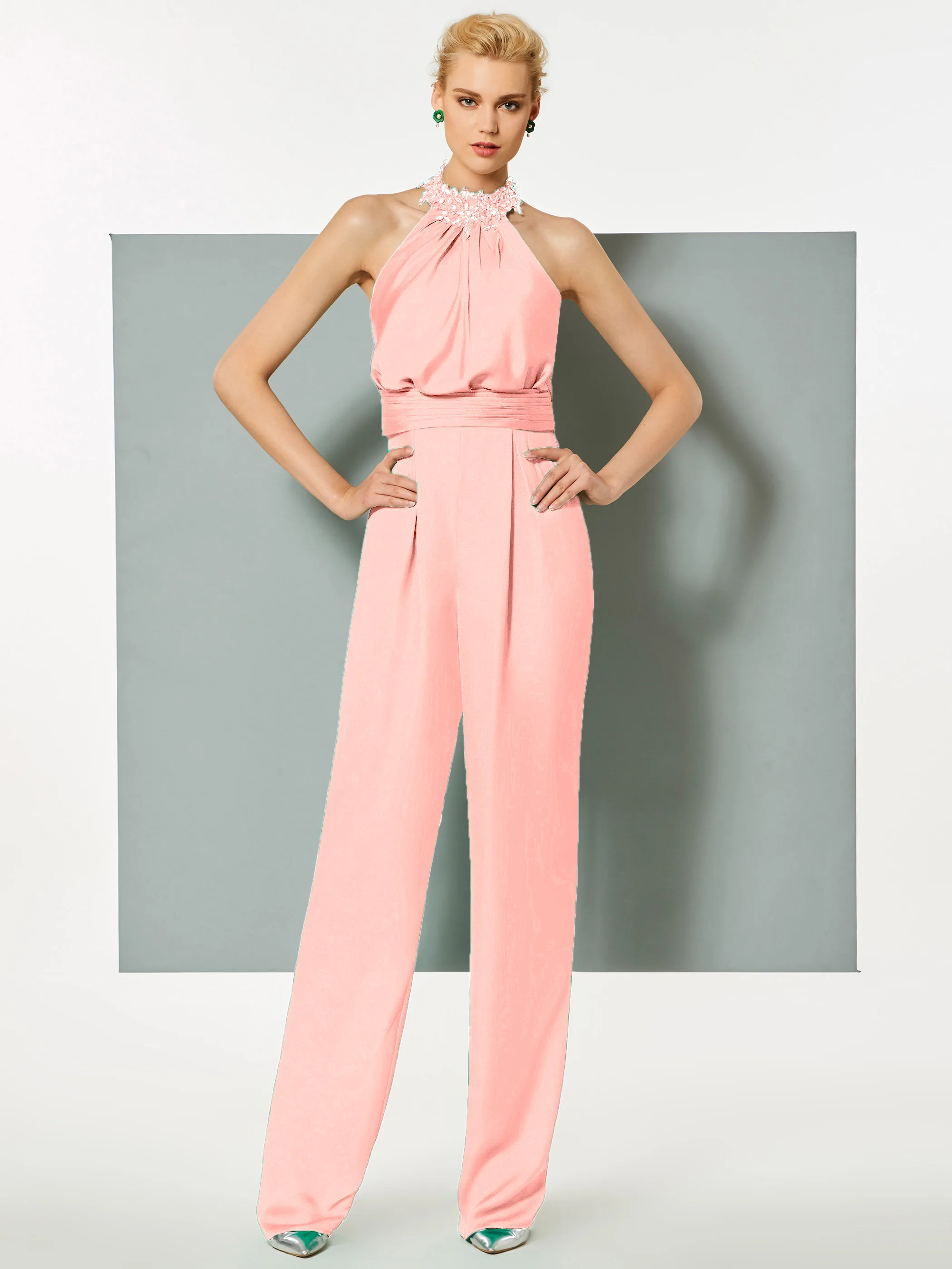 Tanpell элегантные длинные брюки аппликация для вечернего платья бисером Холтер оболочка женские вечерние на заказ комбинезон в официальном стиле вечернее платье - Цвет: Pearl Pink
