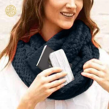 

Knitted Infinity Scarf Unisex Lovers Winter Warm Loop Scarf Zippered Secret Pocket Shawl Ring DWH5