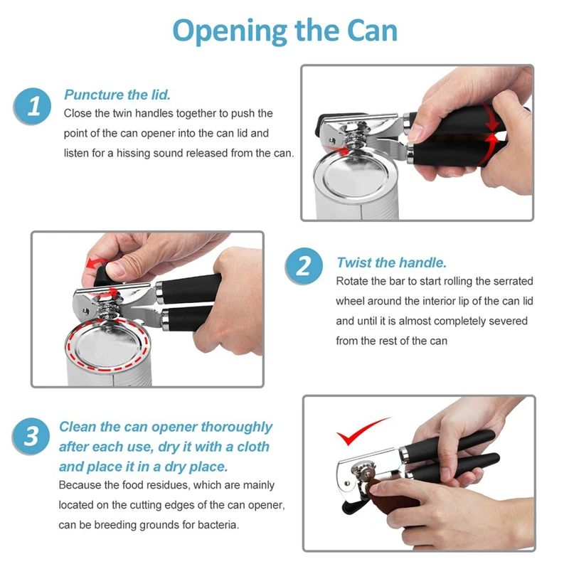 Can Opener Manual Heavy Duty Can Openers Smooth Edge 3-In-1 With Ergonomic Non-Slip Rubber Soft Handle Easy Turn Ultra Sharp