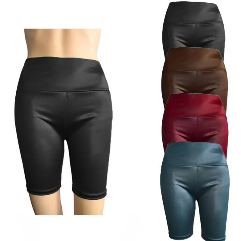 bike shorts women Summer Women Fashion High Waist PU Shorts Female Skinny Elastic Waist Faux Leather Shorts plus size clothing