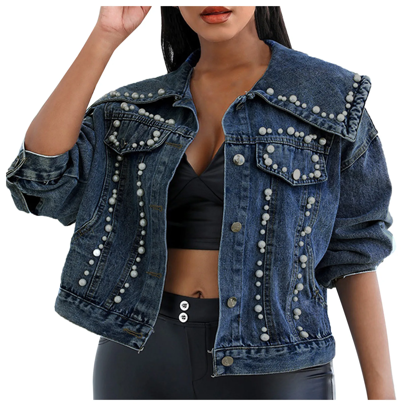Women Denim Jacket Fashion Pearl Buckle Long Sleeve Crop Top Coat With Pockets Autumn Female Turndown Collar Jeans Jacket#fs 2