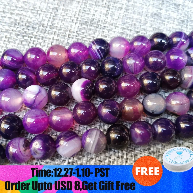 

Natural Stone Smooth Purple Stripe Agates Beads 4.6,8,10,12mm pick size for DIY jewelry making Wholesale