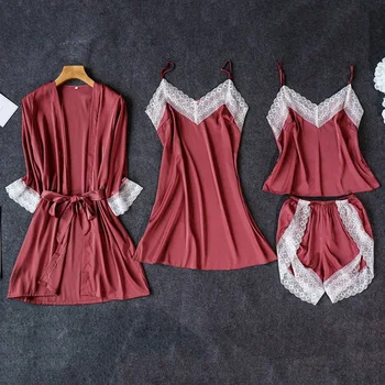 

2020 Satin Pijamas 4 Pcs Set Mujer Sleepwear Women Pajama Set Sexy Lace Lingerie Pyjamas Nightwear Silk Home Clothes Lounge Wear