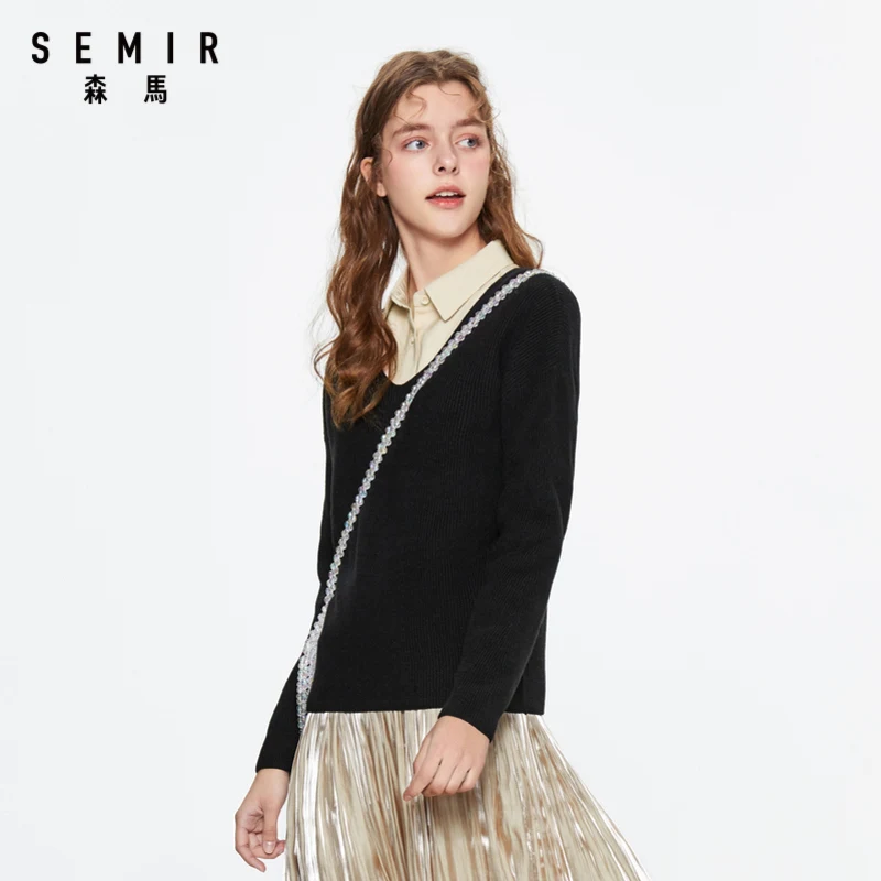 

SEMIR Women warm sweater 2020 new V-neck casual fashion bottoming shirt loose simple solid color sweater