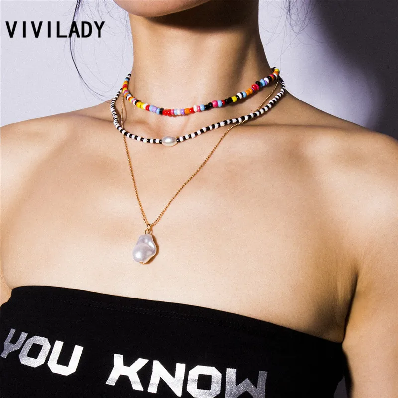

VIVILADY Ethnic Style Multilayer Colorful Bead Women Chokers Necklaces Trendy Baroque Imitation Pearl Dangle For Holiday Jewelry