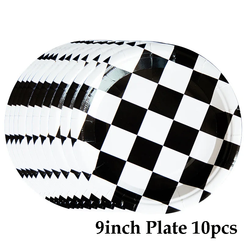 9inch plate 10pcs Черно-белые одноразовые столовые приборы для гонок, для детей, на день рождения, тематические, вечерние, шахматные, бумажные тарелки, для детского душа, вечерние принадлежности, Декор - Цвет: 9inch plate 10pcs