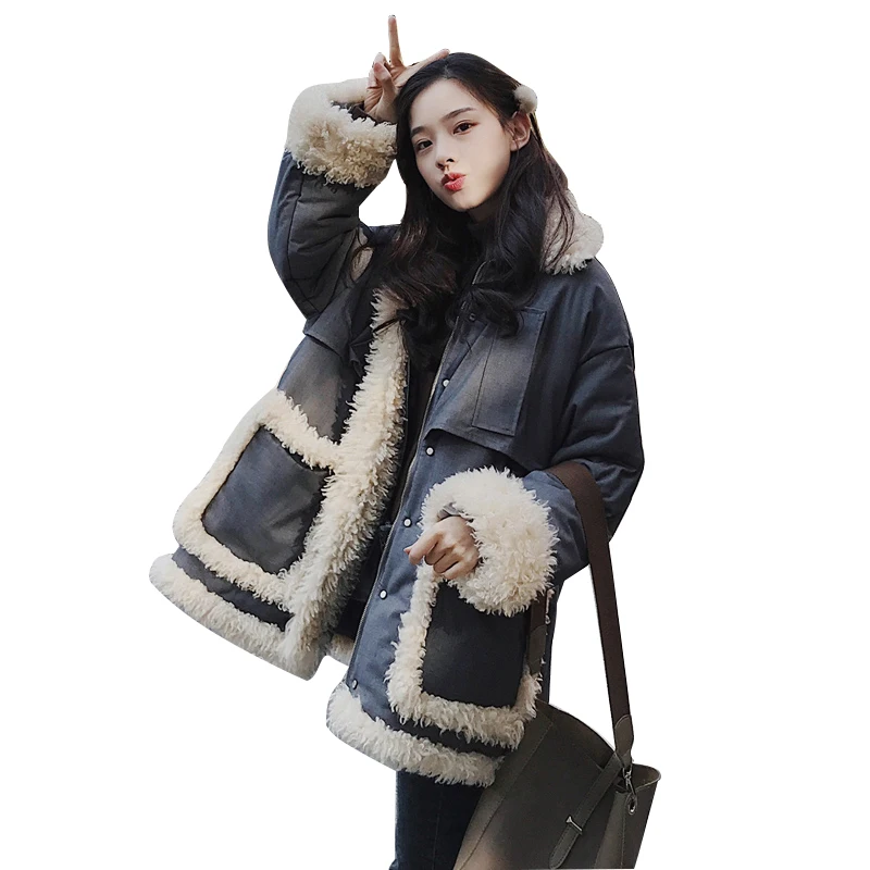 

Women's Winter Jacket 2019 New Lamb Wool Stitching Down Cotton Jacket Long Cotton Parka Fashion Warm Coat Plus Size Snow Wear