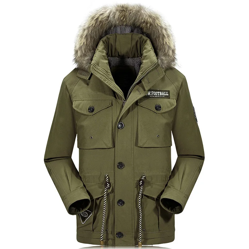 Лучшая зимняя мужская куртка с широкой талией, парка, пальто, модный воротник с капюшоном, меховая парка средней длины, Мужская Толстая теплая ветровка, пальто - Цвет: Army Green