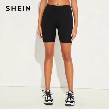

SHEIN Black Active Wear Skinny Biker Short Pants Women Bottoms 2020 Spring Elastic Waist Casual Ladies Stretchy Short Leggings