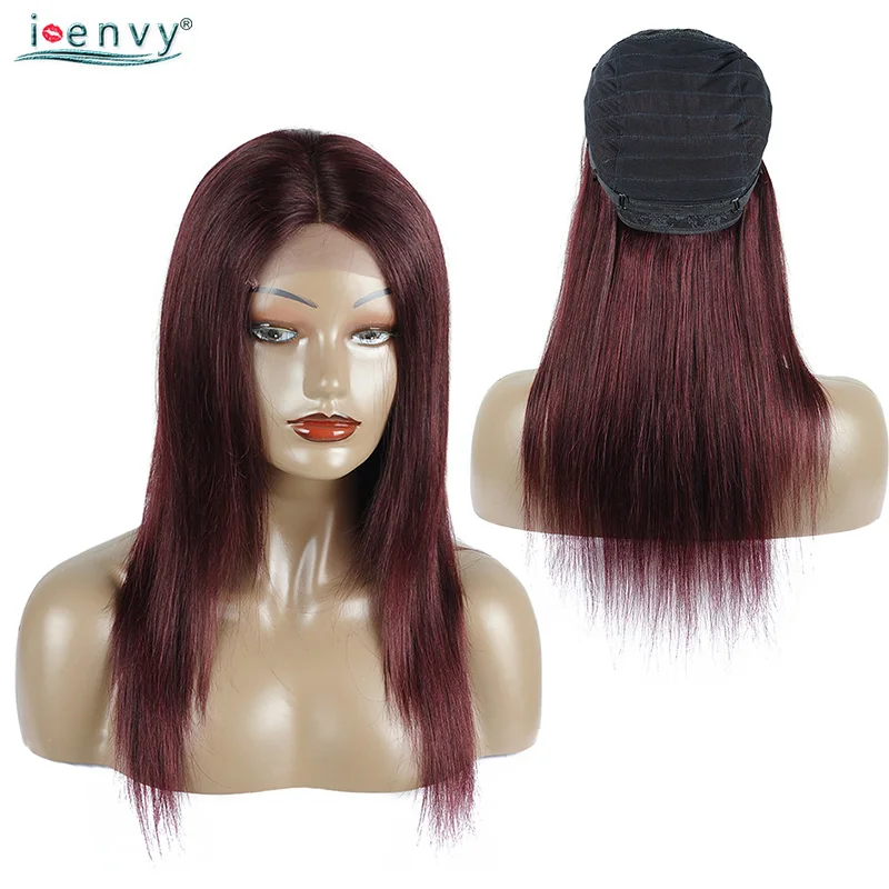 Бордовый перуанские прямая шнуровка, парики для чернокожих Для женщин темно-красный 99J 4X4 кружева Закрытие парики из натуральных волос на кружевной основе 150% парики шнурка не Remy