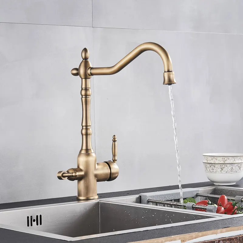 Golden polished Purified water Kithcen faucet  Hot and Cold Mixer Crane Dual Handle One Hole Rotation Deck Mount Brass material