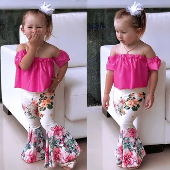 

Girls dress Set 2Pcs Toddler Baby Kids Girls Solid Off Shoulder Tops+Floral Pants Set Outfits платье летнее платье для девочки
