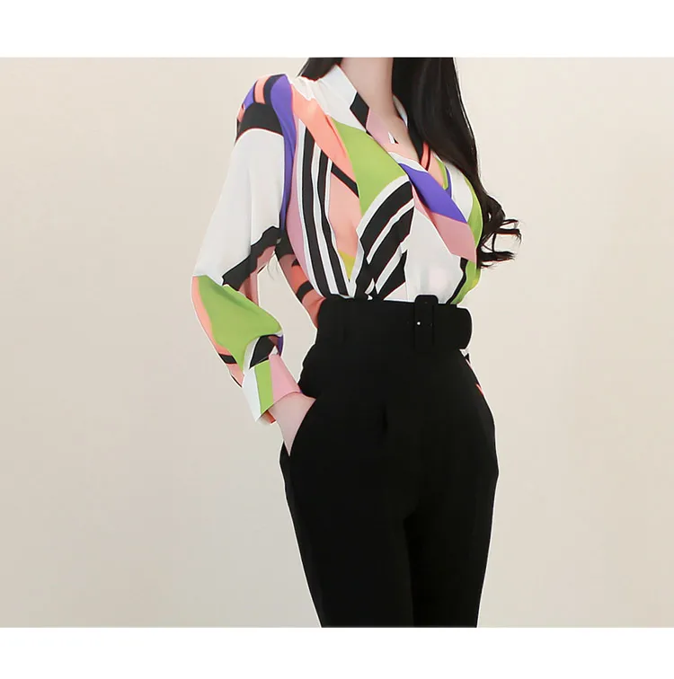 Корейский комплект из двух предметов, Офисная Женская блузка с длинными рукавами и v-образным вырезом и принтом+ черные прямые брюки с высокой талией, костюмы, Осенний Женский комплект