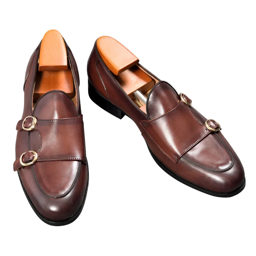 Genuine Leather Mens Casual Shoes Brown Blue Color Office Business Oxford Double Buckle Strap Italy Style Shoe