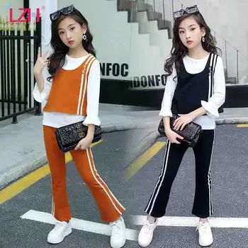 

LZH All-Match Teenager Girl Clothes Fashion Striped Vest Autumn 3Pcs Set Simplicity Kids Suit Children's Clothing 5 To 12 Years