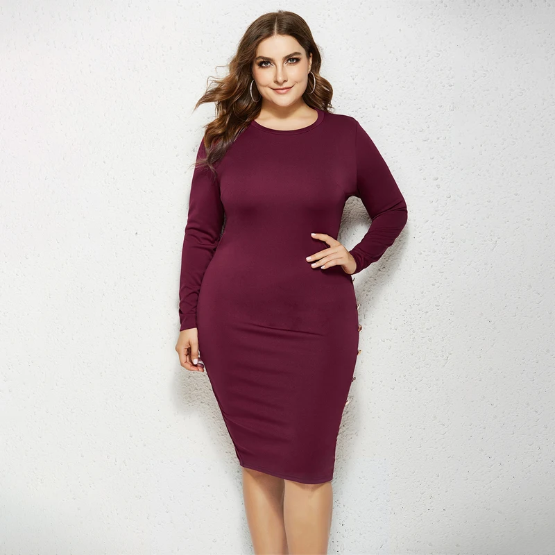 

Women's Dress Plus Size Ladies Elegant Hip Package Bodycon Buttons Dresses 2XL-5XL Long Sleeve Party Dress For New Year 2022