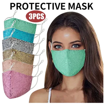 

3PCS Adult Women Paillette Adjustable Washable Safet Protect Haze Face Mask For Protection For Adults Scarf Flag Bandana#3