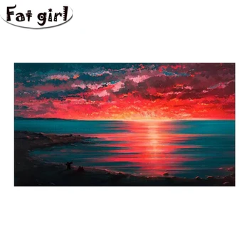 

Natural Landscape 5D Diamond Painting Red Glow Reflecting Off The Sea Cross Stitch Embroidery Mosaic Square Round Drill Decor