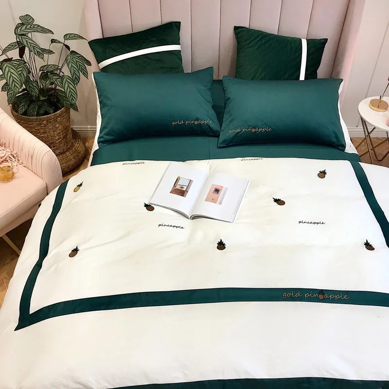 

White Embroidery Pineapple Bedding Set Pure Cotton Countryside Northern Europe Bedsheet Free Shipping Quilt Cover Hot Sale Sheet