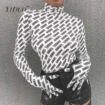 

YiDuo Cool Girl Fashion Streetwear Long Sleeve Slim Fit Women Letter Print White Turtleneck Crop Top Sexy Tops With Gloves 2019